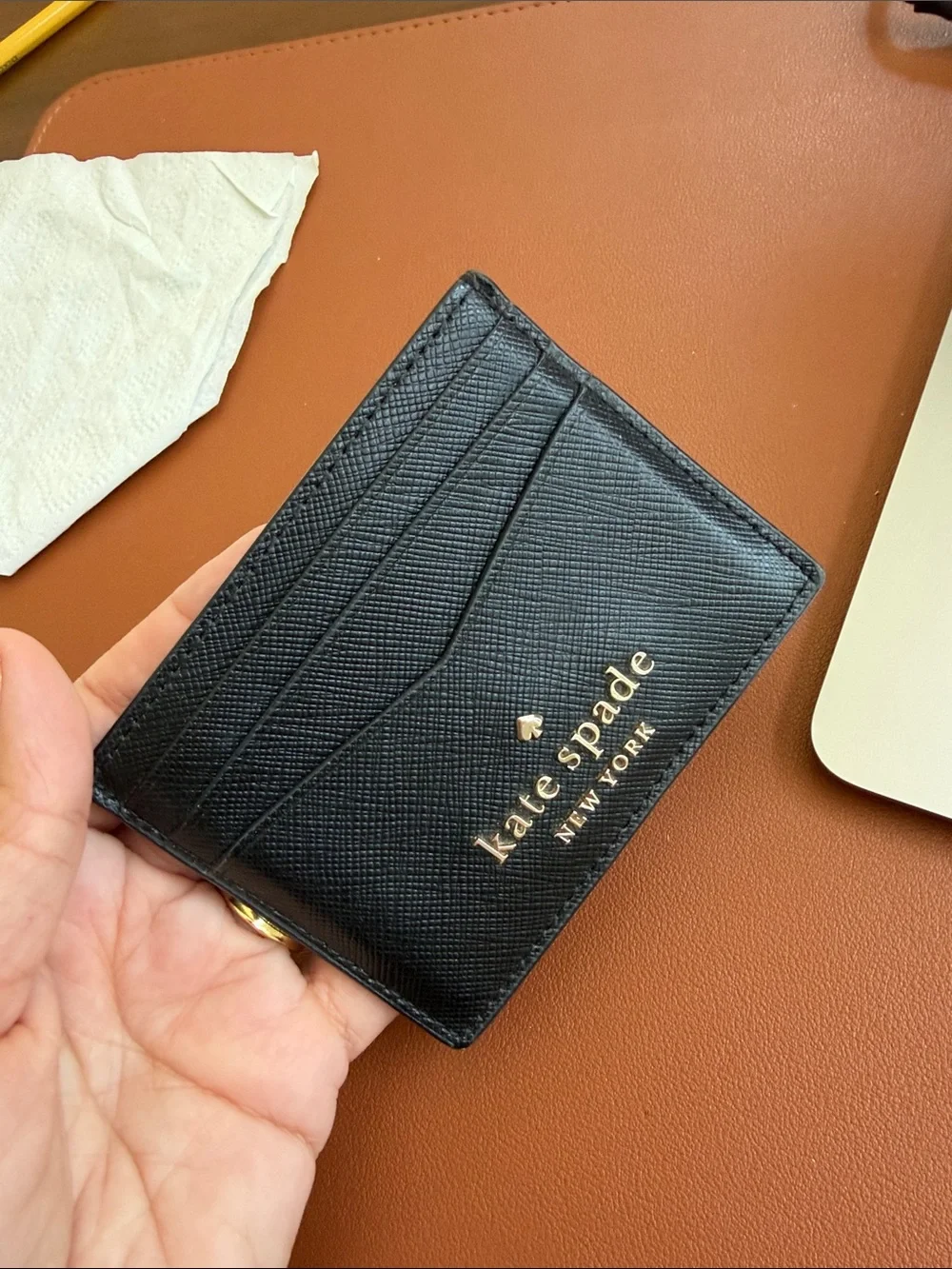 kate spade Black Saffiano Leather Card Holder with Gold Logo